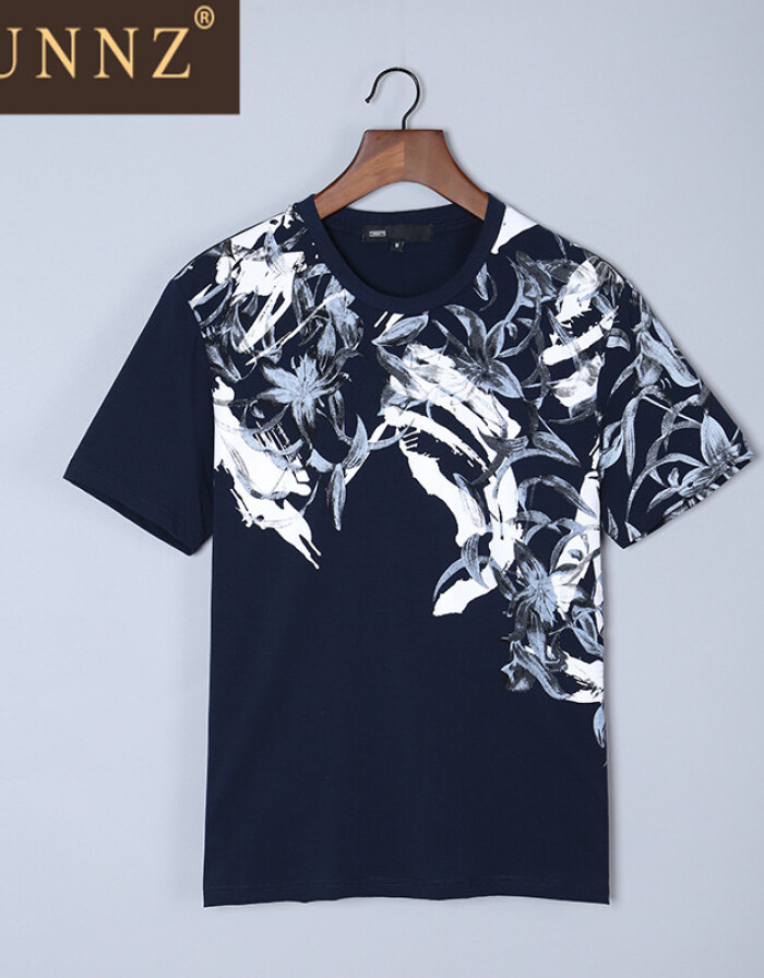 HUNNZ 2016年時尚專柜產(chǎn)品植物花卉印花圓領修身短T 潮男打底 黑色 170