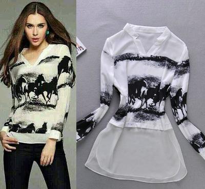 歐洲站明星走秀同款馬圖案V領(lǐng)長袖拼接時尚真絲小衫T553